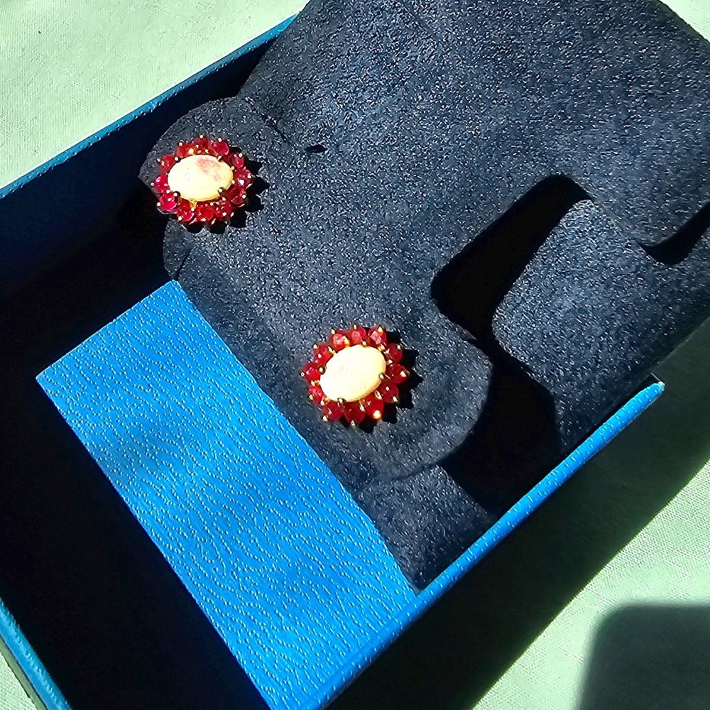 14K Earrings Ruby gemstones with  opal center